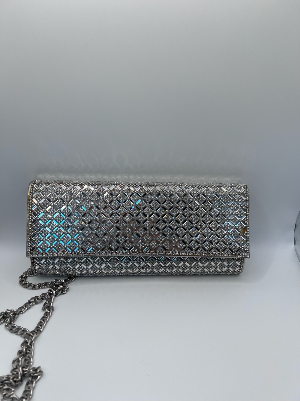 Starlet Silver Rhinestone Crystal Evening Clutch Chain Strap Formal Glam